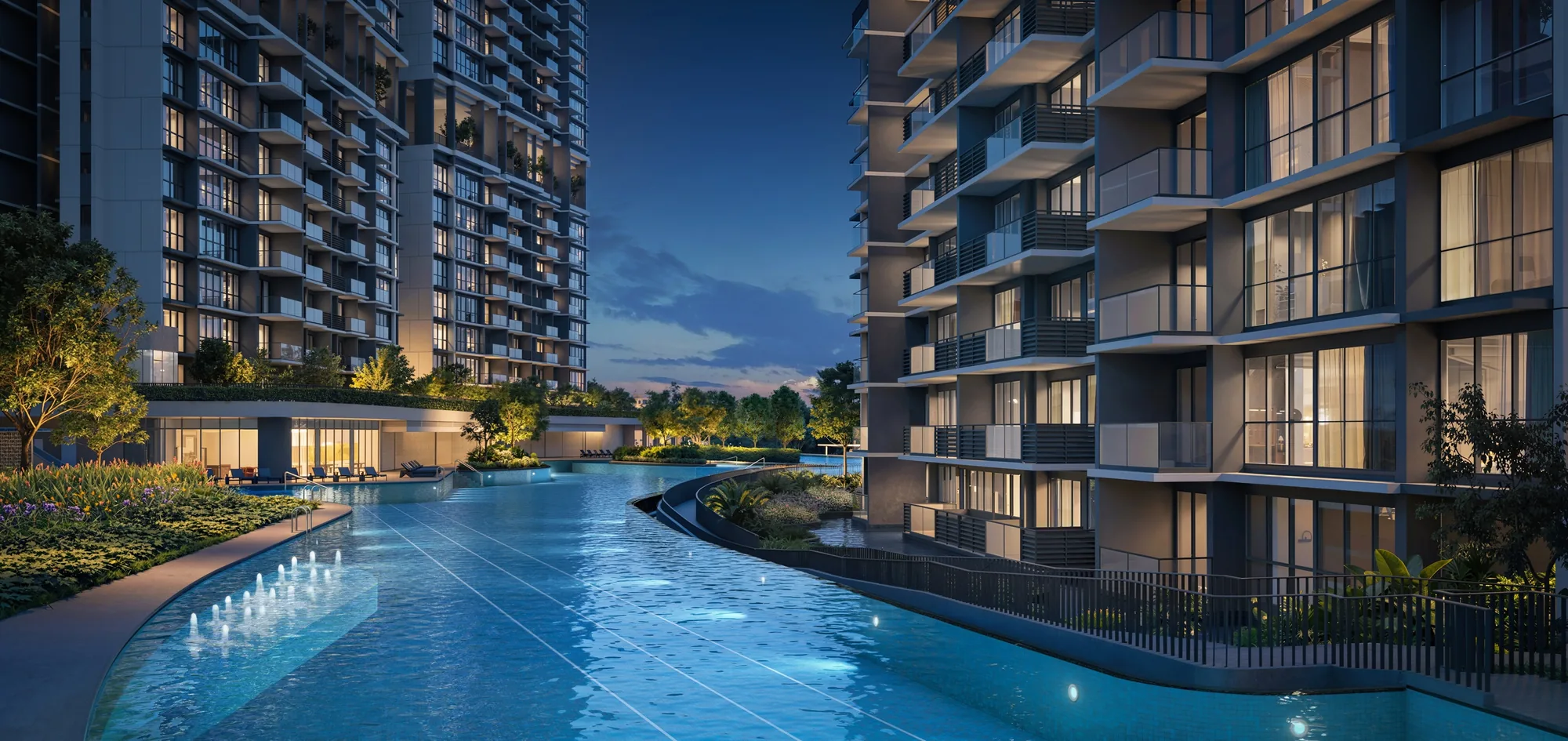 Lentor Gardens Residences, artist’s impression: the pool at night running between two residential towers, lit blue, with lounges along the water and the clubhouse glowing beyond