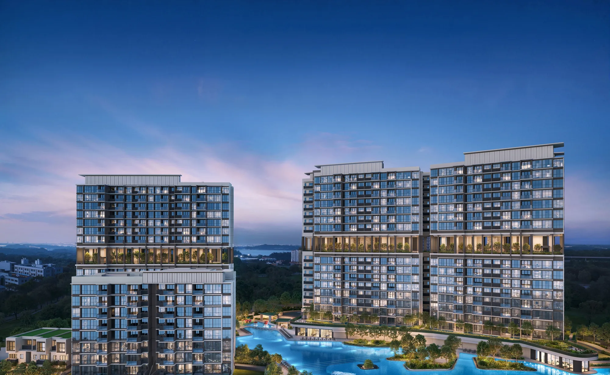 Lentor Gardens Residences, artist’s impression: the towers lit at dusk from the air, the pools glowing between them and the green of Hillock Park in front