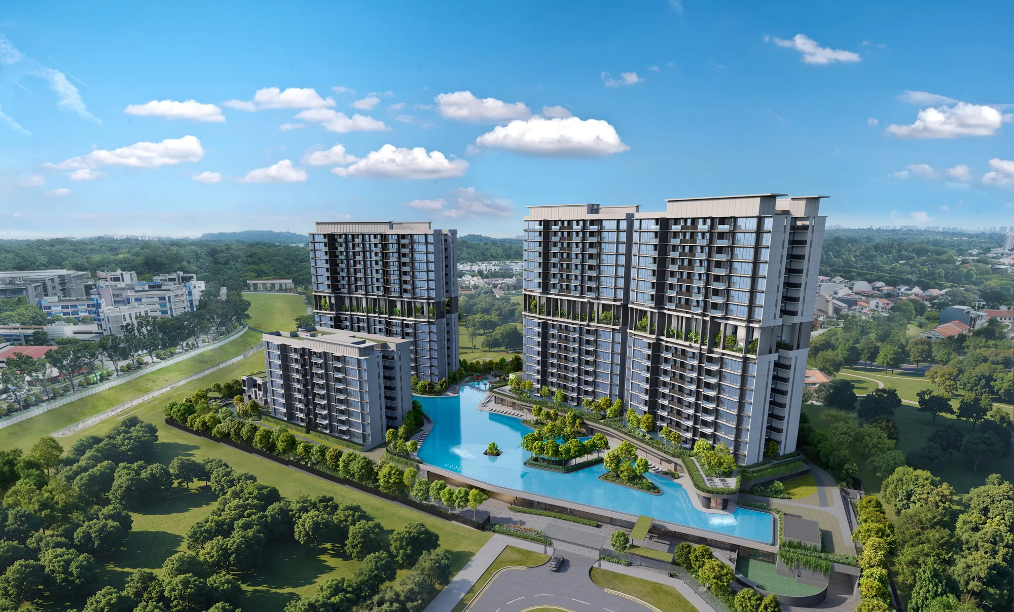 Lentor Gardens Residences, artist’s impression: an aerial view by day of the three 16-storey towers and the 8-storey block around a long blue pool, framed by the trees of Lentor Hills and the future Hillock Park
