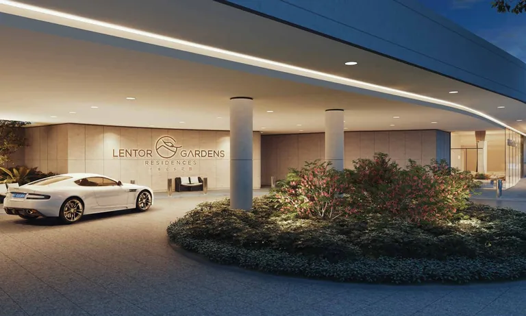 Lentor Gardens Residences, artist’s impression: the covered drop-off porch with a curved canopy, a planted island and the Lentor Gardens Residences name on the lobby wall
