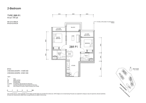 Lentor Gardens Residences floor plan, Type 2BR P1 (2-Bedroom Premium): 2 bedrooms, 60 sq m (646 sq ft), 15 homes, Block 76, stack 24, 1st to 16th storey (developer drawing with key plan)
