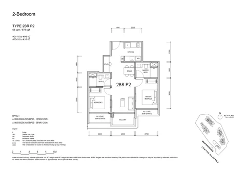 Lentor Gardens Residences floor plan, Type 2BR P2 (2-Bedroom Premium): 2 bedrooms, 63 sq m (678 sq ft), 15 homes, Block 74, stack 10, 1st to 16th storey (developer drawing with key plan)
