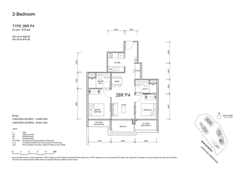 Lentor Gardens Residences floor plan, Type 2BR P4 (2-Bedroom Premium): 2 bedrooms, 63 sq m (678 sq ft), 15 homes, Block 78, stack 30, 1st to 16th storey (developer drawing with key plan)