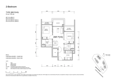 Lentor Gardens Residences floor plan, Type 2BR P(HS) (2-Bedroom Premium + Household Shelter): 2 bedrooms, 64 sq m (689 sq ft), 30 homes, Block 74, stacks 13 and 16, 1st to 16th storey (developer drawing with key plan)
