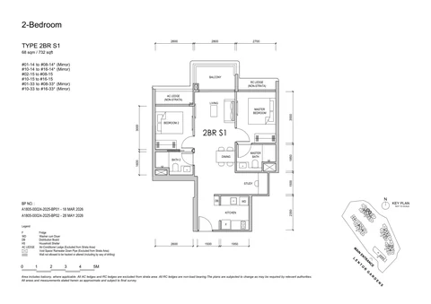 Lentor Gardens Residences floor plan, Type 2BR S1 (2-Bedroom + Study): 2 bedrooms + study, 68 sq m (732 sq ft), 44 homes, Block 74, stacks 14 and 15; Block 78, stack 33 (developer drawing with key plan)