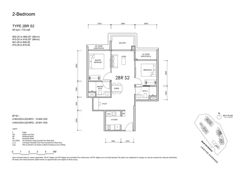 Lentor Gardens Residences floor plan, Type 2BR S2 (2-Bedroom + Study): 2 bedrooms + study, 68 sq m (732 sq ft), 29 homes, Block 76, stacks 25 and 26 (developer drawing with key plan)