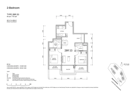 Lentor Gardens Residences floor plan, Type 2BR S3 (2-Bedroom + Study): 2 bedrooms + study, 68 sq m (732 sq ft), 15 homes, Block 76, stack 21, 1st to 16th storey (developer drawing with key plan)
