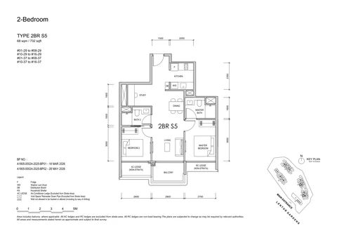 Lentor Gardens Residences floor plan, Type 2BR S5 (2-Bedroom + Study): 2 bedrooms + study, 68 sq m (732 sq ft), 30 homes, Block 76, stack 29; Block 78, stack 37 (developer drawing with key plan)