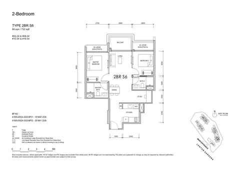 Lentor Gardens Residences floor plan, Type 2BR S6 (2-Bedroom + Study): 2 bedrooms + study, 68 sq m (732 sq ft), 14 homes, Block 78, stack 34, 2nd to 16th storey (developer drawing with key plan)