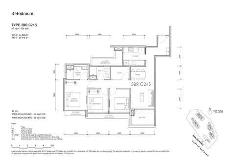 Lentor Gardens Residences floor plan, Type 3BR C2+S (3-Bedroom Compact + Study): 3 bedrooms + study, 87 sq m (936 sq ft), 15 homes, Block 78, stack 31, 1st to 16th storey (developer drawing with key plan)