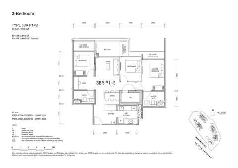 Lentor Gardens Residences floor plan, Type 3BR P1+S (3-Bedroom Premium + Study): 3 bedrooms + study, 90 sq m (969 sq ft), 16 homes, Block 66, stacks 01 and 08, 1st to 8th storey (developer drawing with key plan)