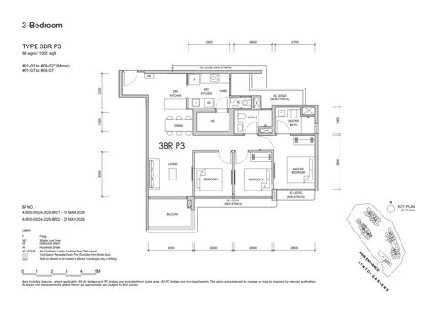 Lentor Gardens Residences floor plan, Type 3BR P3 (3-Bedroom Premium): 3 bedrooms, 93 sq m (1,001 sq ft), 16 homes, Block 66, stacks 02 and 07, 1st to 8th storey (developer drawing with key plan)