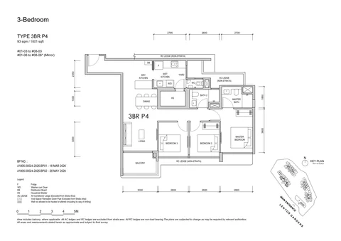 Lentor Gardens Residences floor plan, Type 3BR P4 (3-Bedroom Premium): 3 bedrooms, 93 sq m (1,001 sq ft), 16 homes, Block 66, stacks 03 and 06, 1st to 8th storey (developer drawing with key plan)