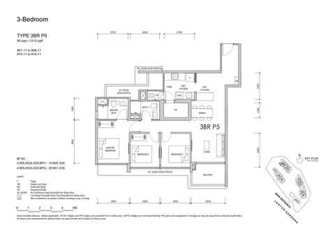 Lentor Gardens Residences floor plan, Type 3BR P5 (3-Bedroom Premium): 3 bedrooms, 94 sq m (1,012 sq ft), 15 homes, Block 74, stack 11, 1st to 16th storey (developer drawing with key plan)