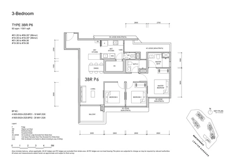 Lentor Gardens Residences floor plan, Type 3BR P6 (3-Bedroom Premium): 3 bedrooms, 93 sq m (1,001 sq ft), 30 homes, Block 78, stacks 35 and 36, 1st to 16th storey (developer drawing with key plan)