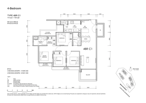 Lentor Gardens Residences floor plan, Type 4BR C1 (4-Bedroom Compact): 4 bedrooms, 110 sq m (1,184 sq ft), 15 homes, Block 76, stack 22, 1st to 16th storey (developer drawing with key plan)