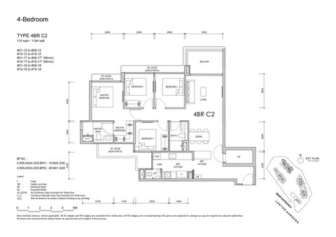 Lentor Gardens Residences floor plan, Type 4BR C2 (4-Bedroom Compact): 4 bedrooms, 110 sq m (1,184 sq ft), 45 homes, Block 74, stacks 12, 17 and 18, 1st to 16th storey (developer drawing with key plan)