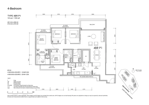 Lentor Gardens Residences floor plan, Type 4BR P1 (4-Bedroom Premium): 4 bedrooms, 126 sq m (1,356 sq ft), 15 homes, Block 78, stack 32, 1st to 16th storey (developer drawing with key plan)