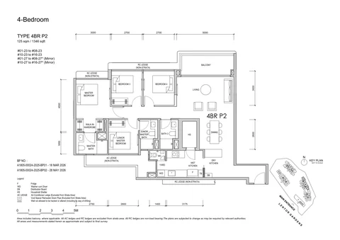Lentor Gardens Residences floor plan, Type 4BR P2 (4-Bedroom Premium): 4 bedrooms, 125 sq m (1,346 sq ft), 30 homes, Block 76, stacks 23 and 27, 1st to 16th storey (developer drawing with key plan)