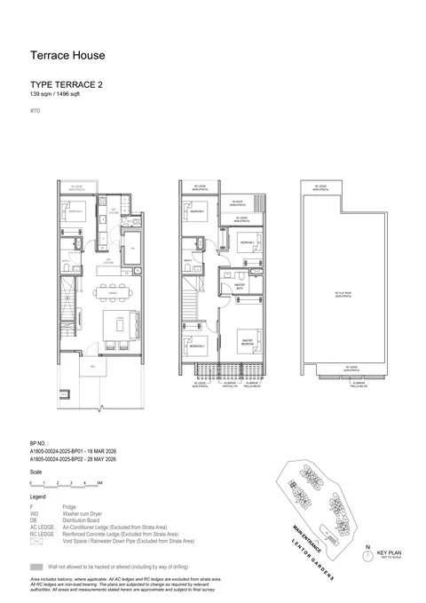 Lentor Gardens Residences floor plan, Type Terrace 2 (Strata Terrace House): 5 bedrooms, 139 sq m (1,496 sq ft), 1 home, No. 70 Lentor Gardens (developer drawing with key plan)