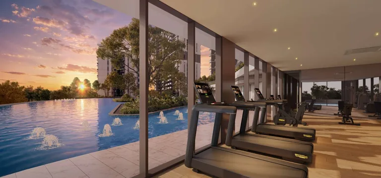 Lentor Gardens Residences, artist’s impression: the gym at sunset, treadmills along a full-height glass wall looking out over the pool and its fountains