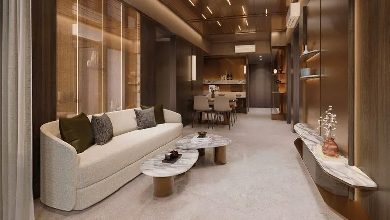 Lentor Gardens Residences, artist’s impression: a living and dining room in warm wood and stone tones, a curved sofa in front of the dining table and the kitchen