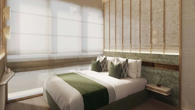 Lentor Gardens Residences, artist’s impression: a master bedroom with a wide bed, timber headboard panelling and a full-height window with blinds