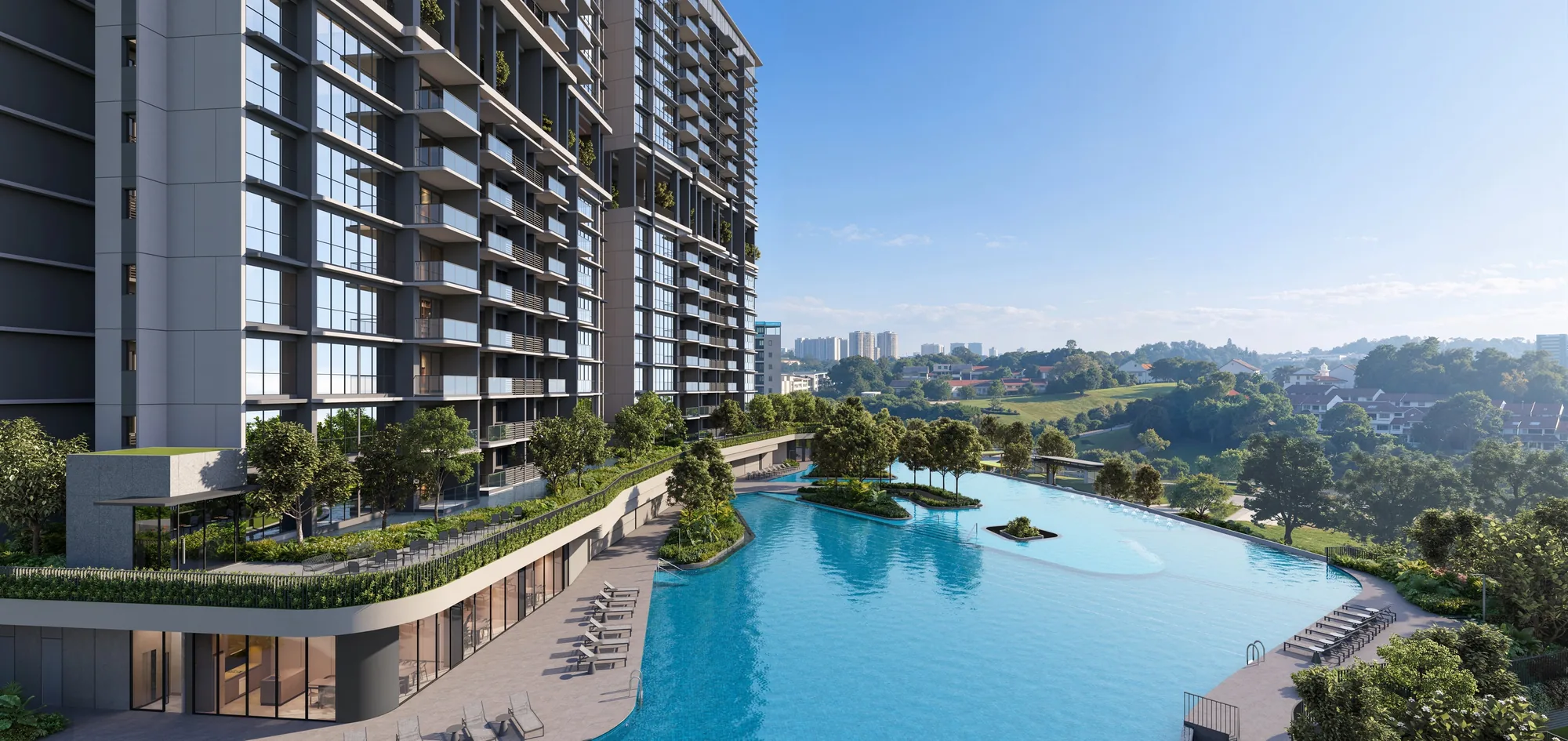 Lentor Gardens Residences, artist’s impression: the pool deck by day, a wide lagoon pool curving away from the tower towards the trees and the landed homes of Lentor