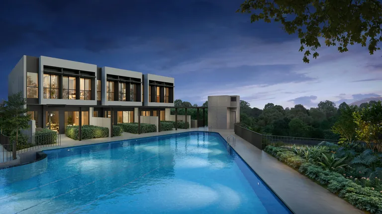 Lentor Gardens Residences, artist’s impression: the three two-storey strata terrace houses at dusk, set behind a garden strip along the long 75-metre pool, with trees behind