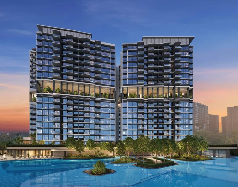 Lentor Gardens Residences, artist’s impression: two of the 16-storey towers at sunset, the sky terraces lit on the ninth storey and the pool with planted islands in front